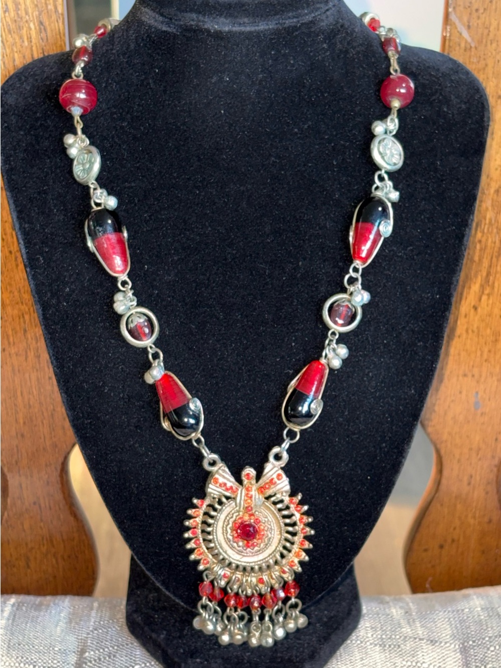 Boho Statement Necklace Red Black Silver Medallion Pendant Artisan Style